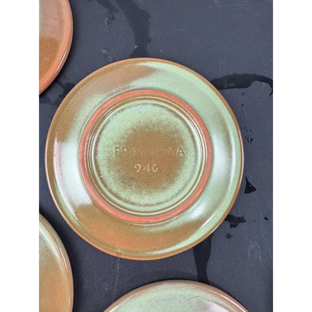 Vtg Frankoma Appetizer Plates Set‎ of 7 Brown Green Wagon Wheel Sunburst 6.5